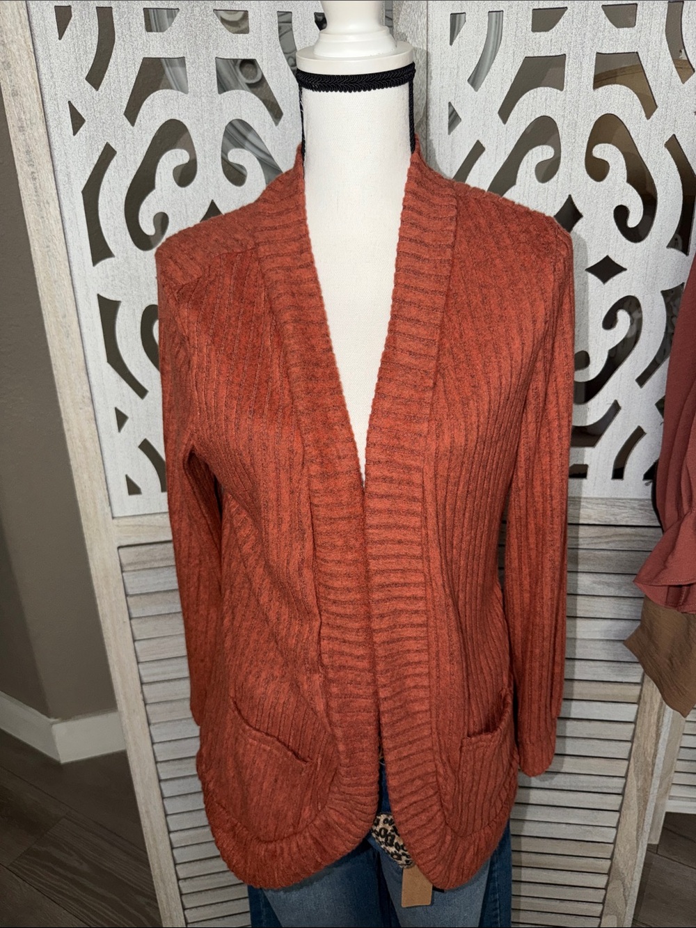 Cozy Open-Front Ribbed Cardigan Sweater - Burnt Orange